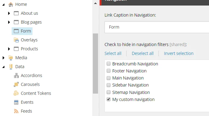 The custom navigation filter is available.