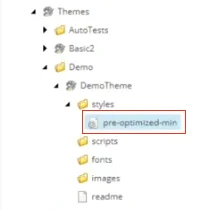The theme folder contains the pre-optimized-min folder only.