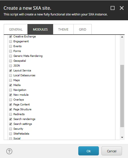 In the module section you can select the components for your site.