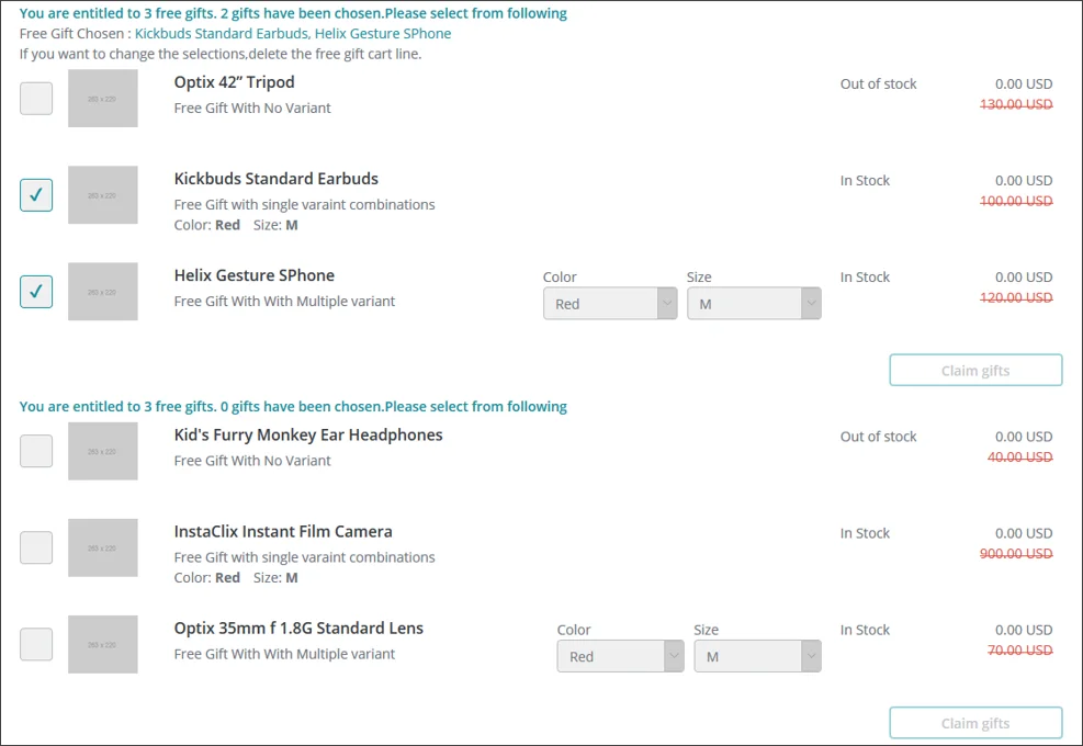 Free Gift Selection rendering in the Experience Editor.