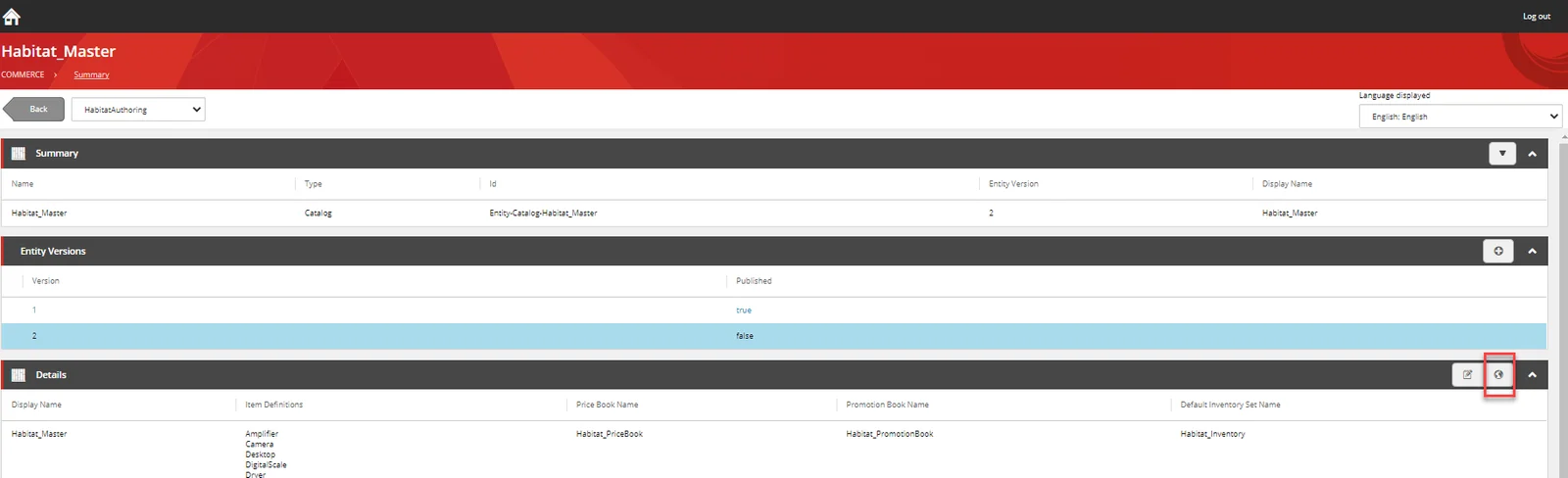 In the Business Tools, the Details view of the Habitat_Master catalog.