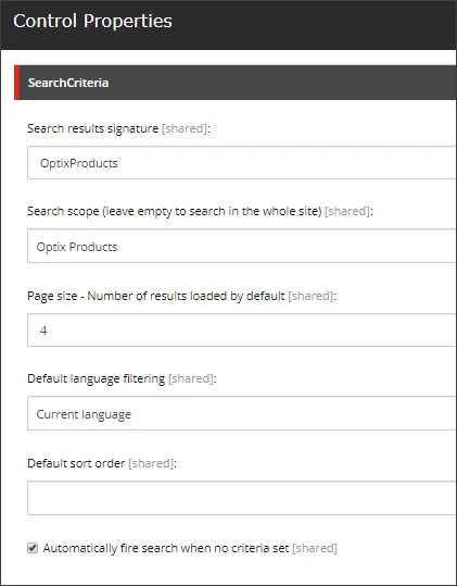 Control Properties dialog box for the Commerce Search Results rendering Control Properties dialog box for the Commerce Search Results rendering