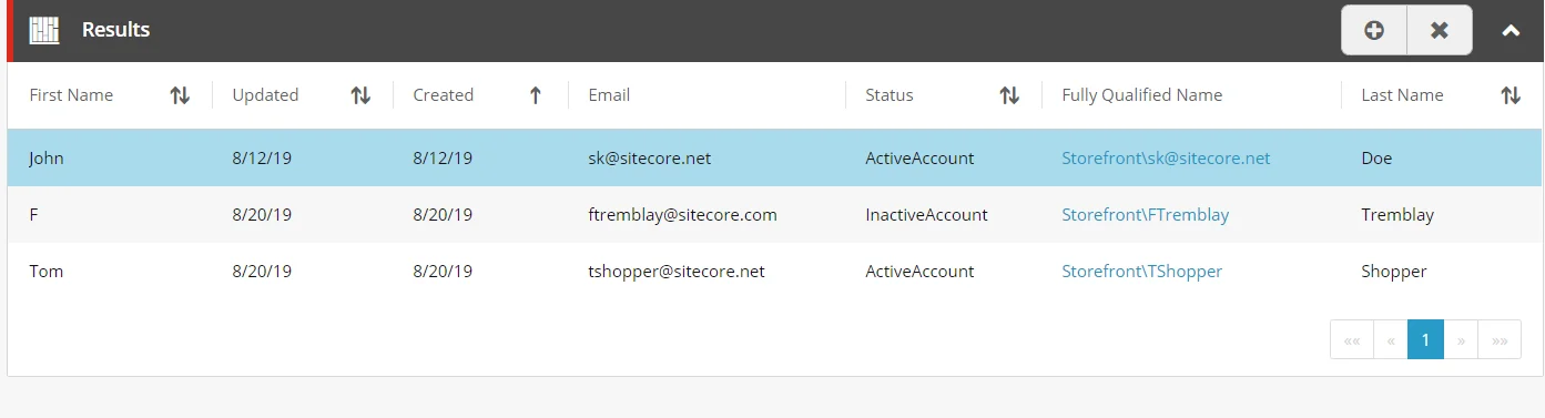 Example of customer search results with sorting options