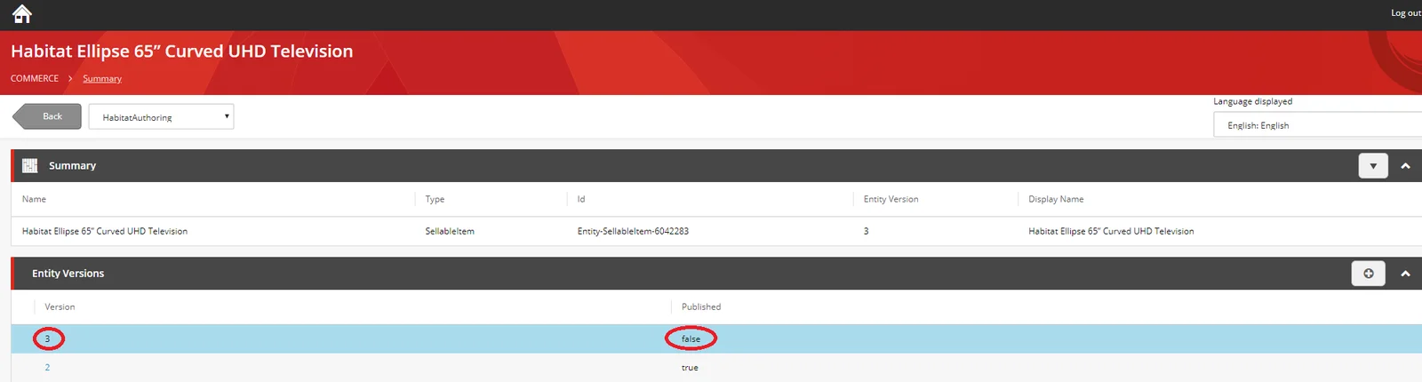 Entity Versions section Entity Versions section