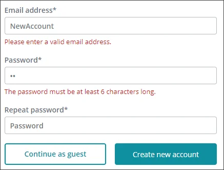 Validation messages for the Registration rendering