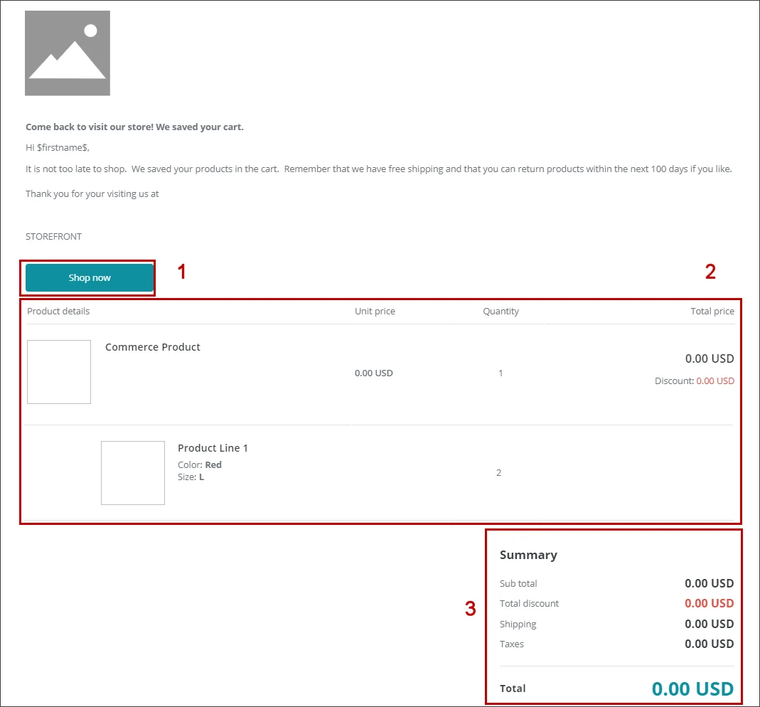 Abandoned cart email message with Commerce renderings.