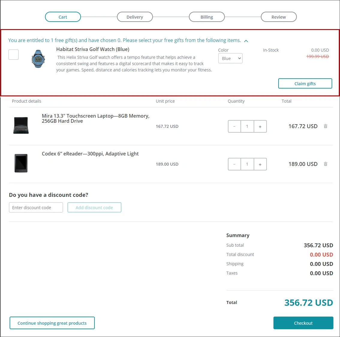 Free Gift Selection rendering displayed in the cart.