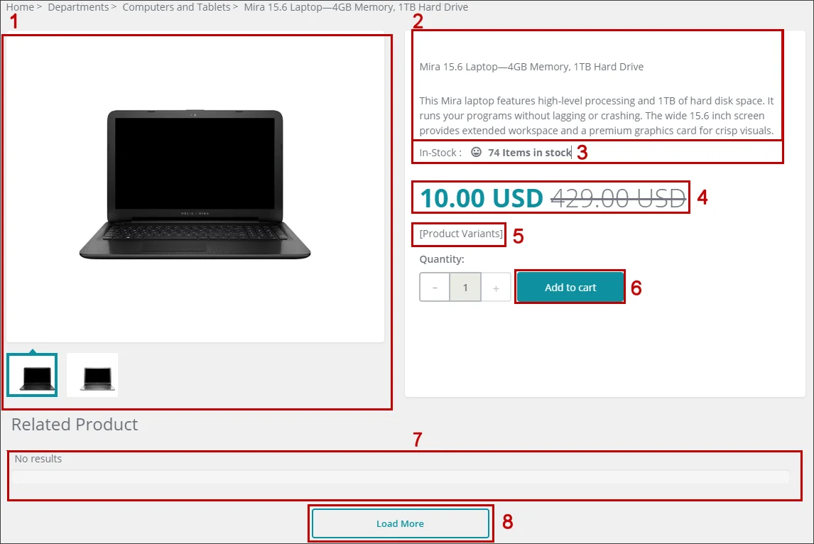 Commerce Product Detail page as seen in the Experience Editor. Commerce Product Detail page as seen in the Experience Editor.