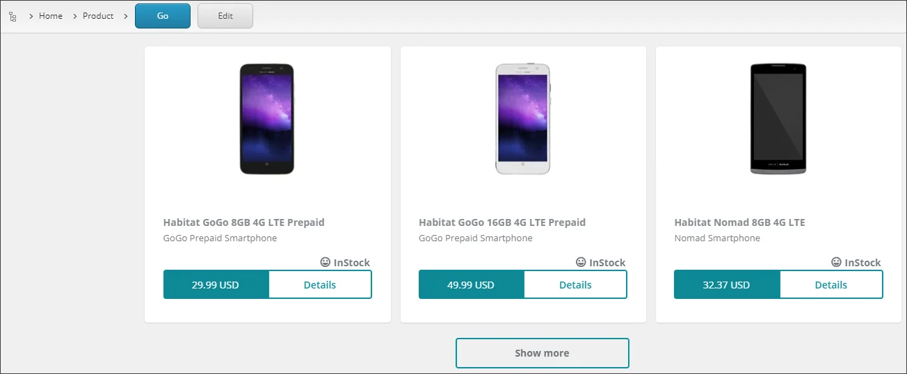 Product list on the live storefront