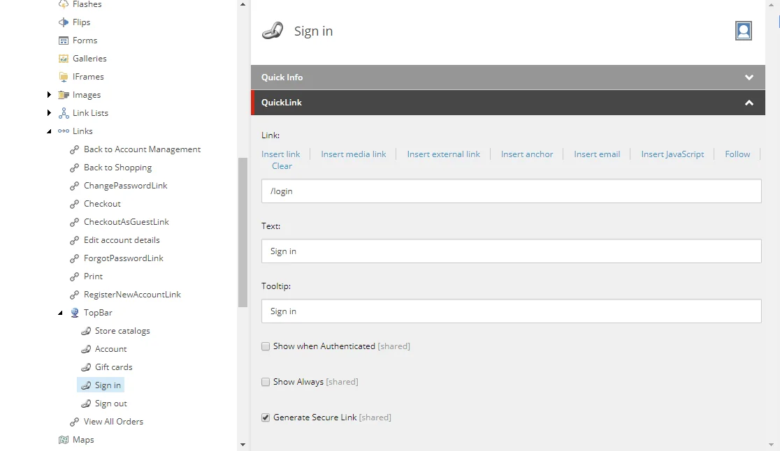 Top Bar links in the Content Editor