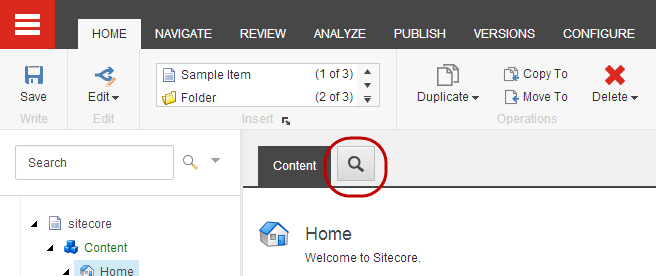 The Search icon on the Search tab in the Content Editor. The Search icon on the Search tab in the Content Editor.