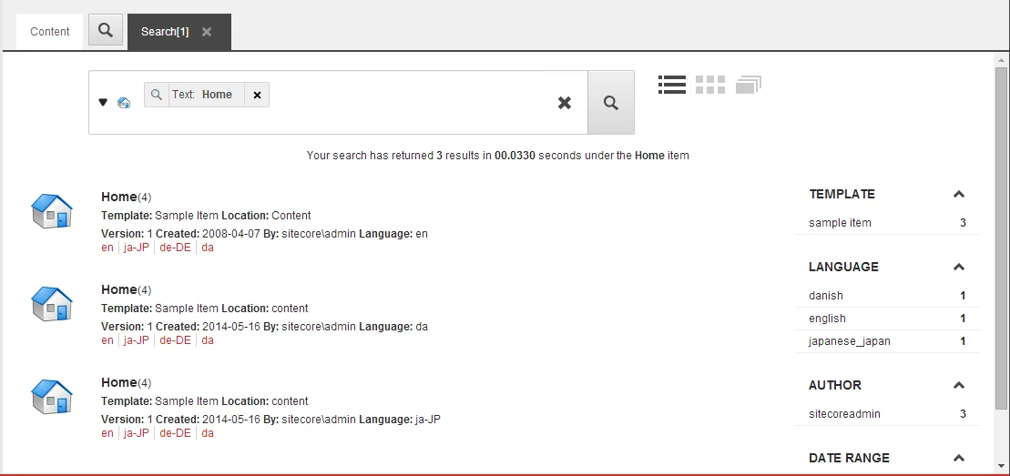 The search results in the Content Editor.