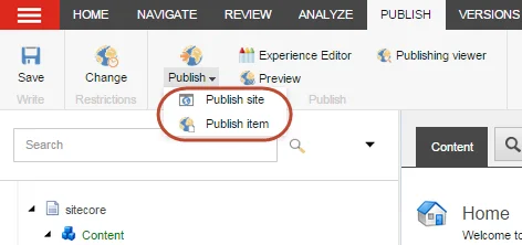The Publish menu on the Content Editor ribbon