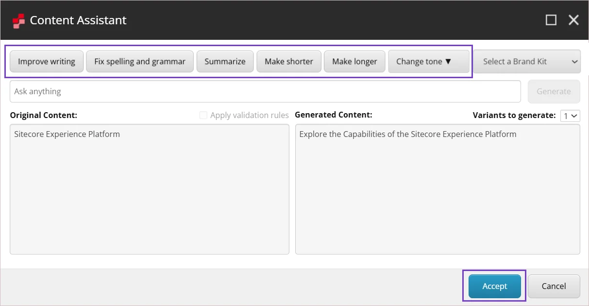 Refine existing content using a predefined prompt.