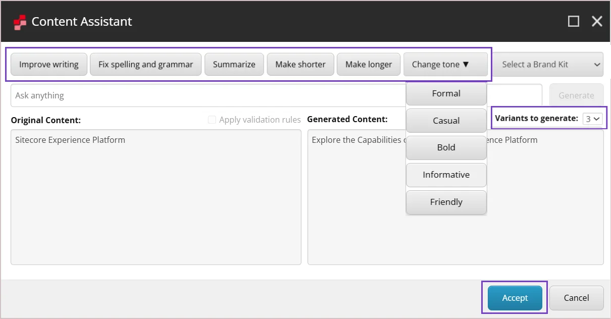 Generate up to five variants simultaneously using a predefined prompt.