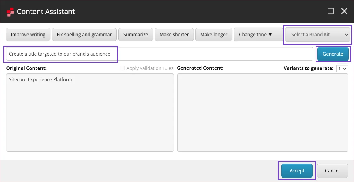 Select a brand kit from the drop-down list before entering a custom prompt.