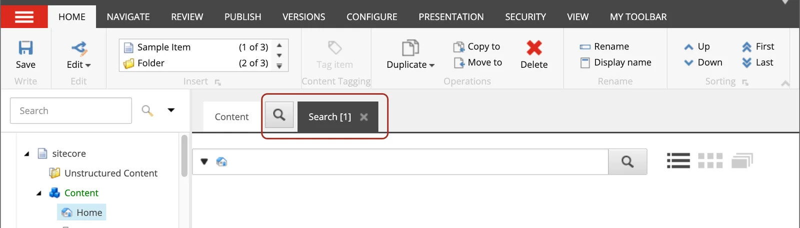 The Search tab in the Content Editor