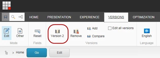The Versions button on the Experience Editor ribbon