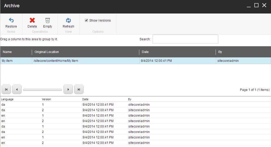 The Archive dialog box with Show Versions selected