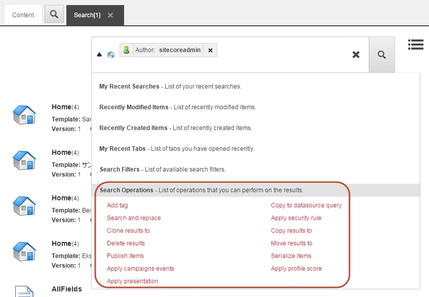 The list of search operations on the Search tab.
