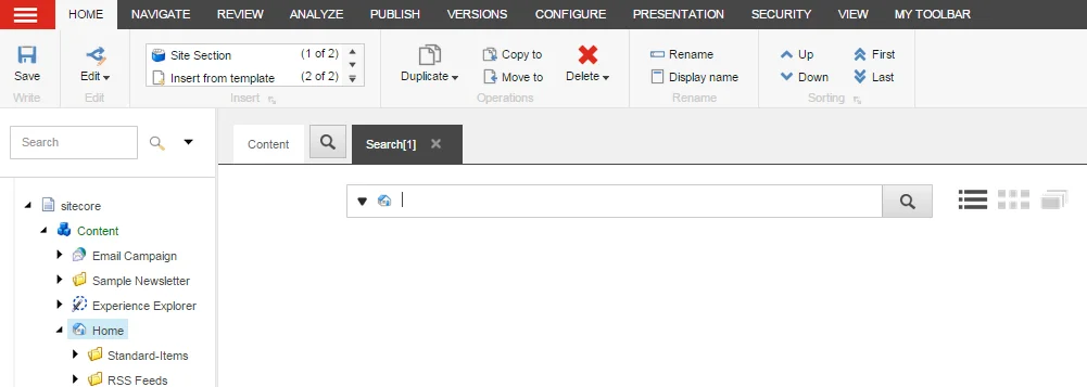 The Search tab for an item in the Content Editor.
