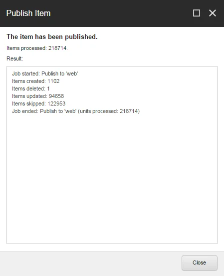 The Publish Item dialog box after publishing