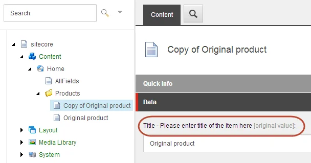 The cloned item with the original value tag on a field