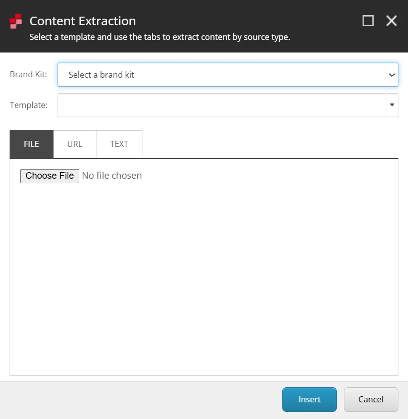 In the Content Extraction dialog, select a brand kit, template, and provide your source content.