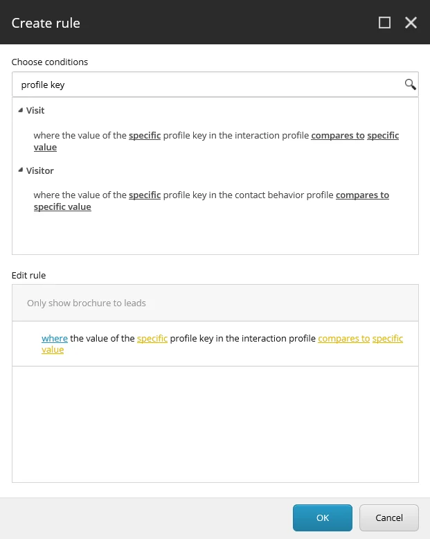 The Create rule dialog box with profile key conditions