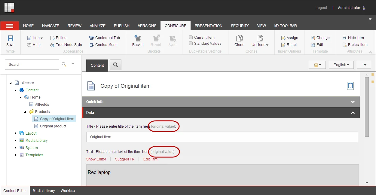 The original value tag on a field in the Content Editor