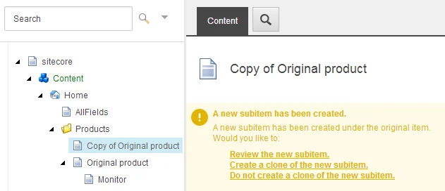 A notification on a cloned item