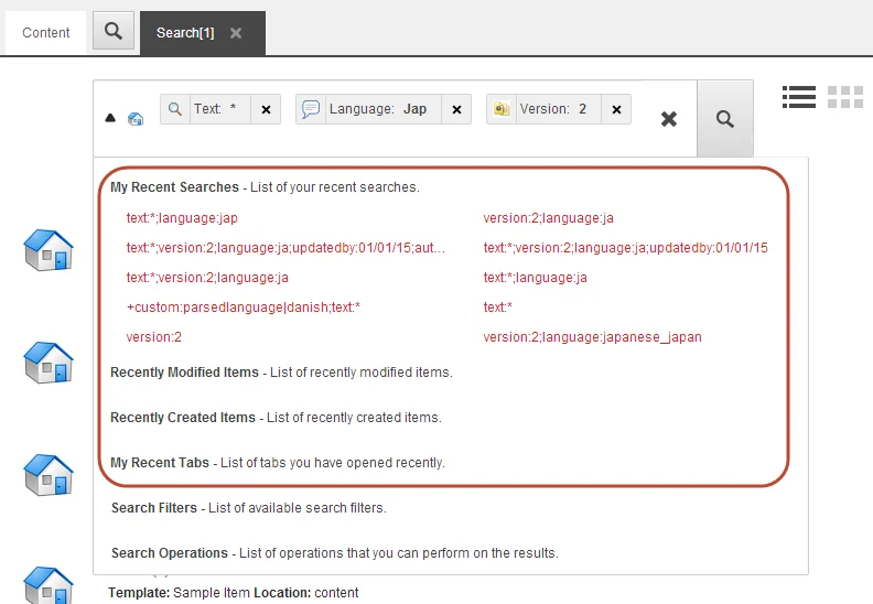 The Search tab with the list of recent searches expanded.