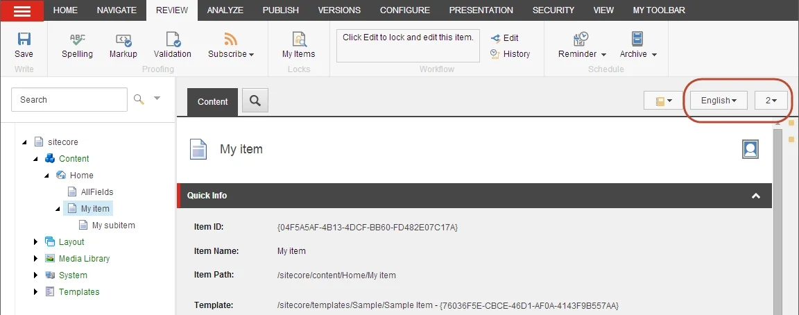 The language button in the Content Editor