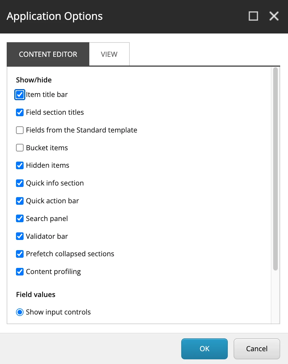 The Content Editor tab in the Application Options dialog box
