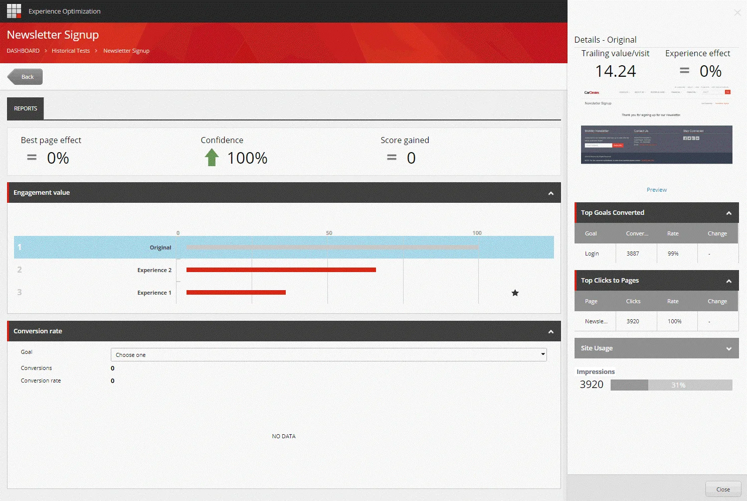 Historical test report with Engagement value details Historical test report with Engagement value details