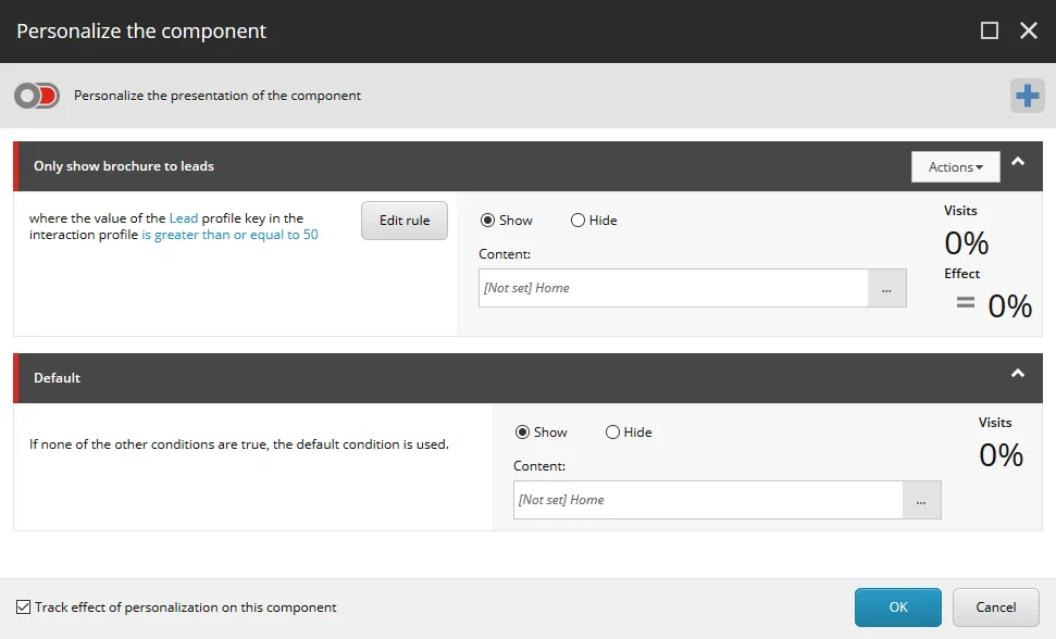 The Personalize the component dialog box with the newly defined rule