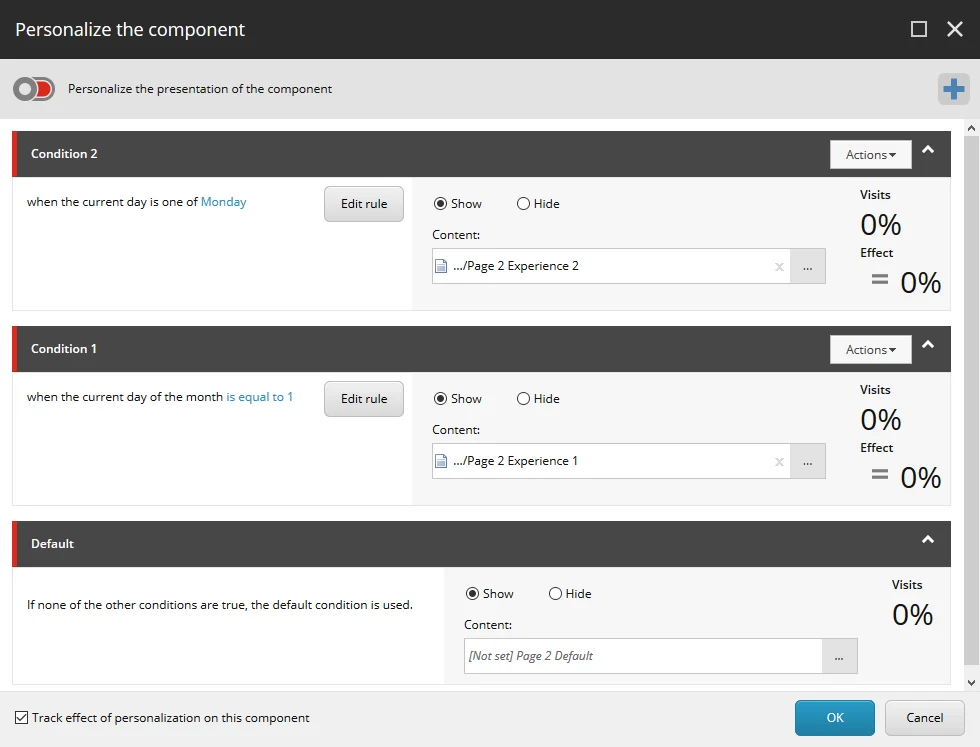 The Personalize the component dialog box with the example conditions The Personalize the component dialog box with the example conditions