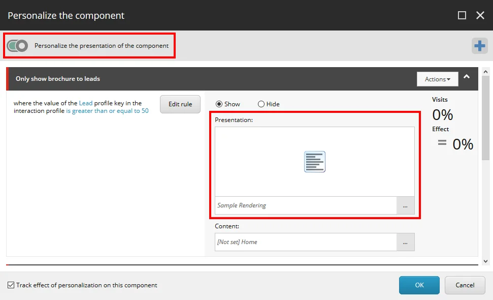 The Personalize the component dialog box with Personalize the presentation enabled