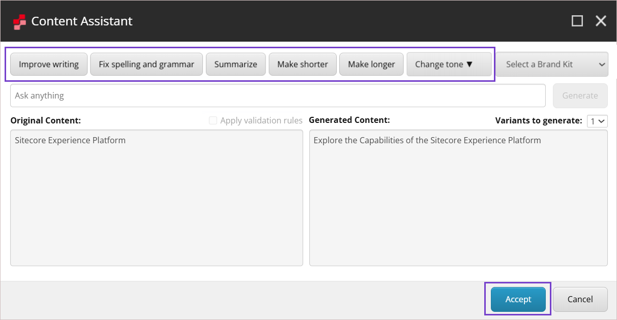 Refine existing content using a predefined prompt.