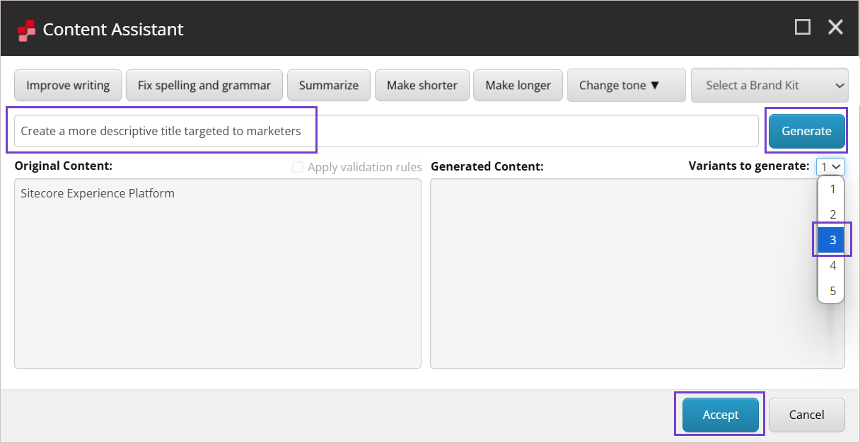 Generate up to five variants simultaneously using a custom prompt.