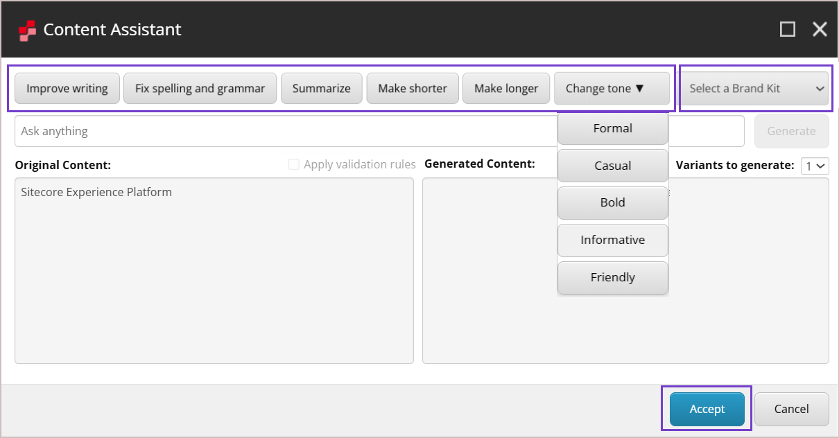 Select a brand kit from the drop-down list before choosing a predefined prompt.