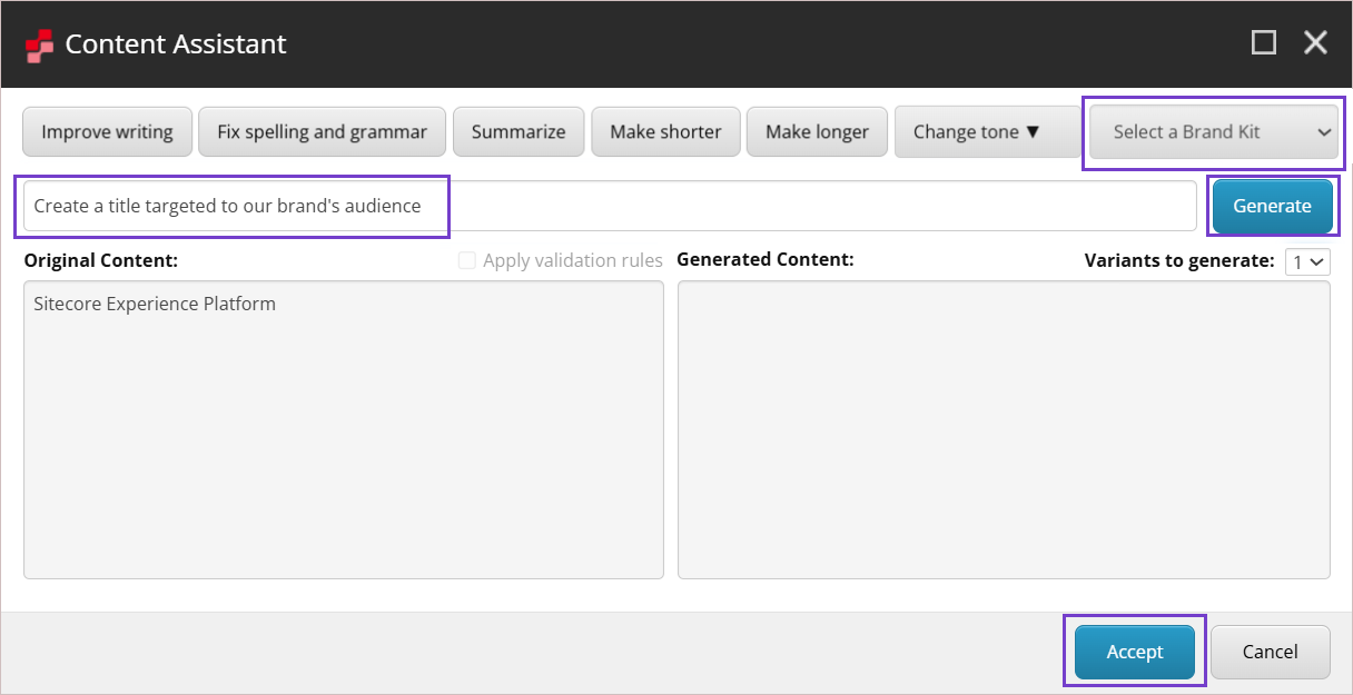 Select a brand kit from the drop-down list before entering a custom prompt.