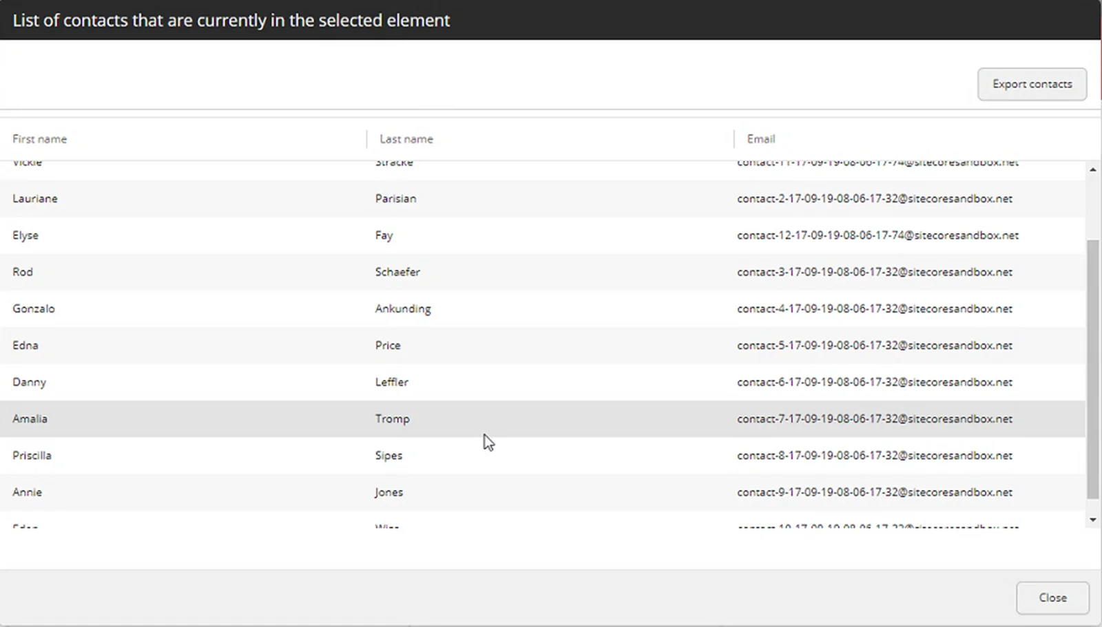 The list of contacts for the selected element