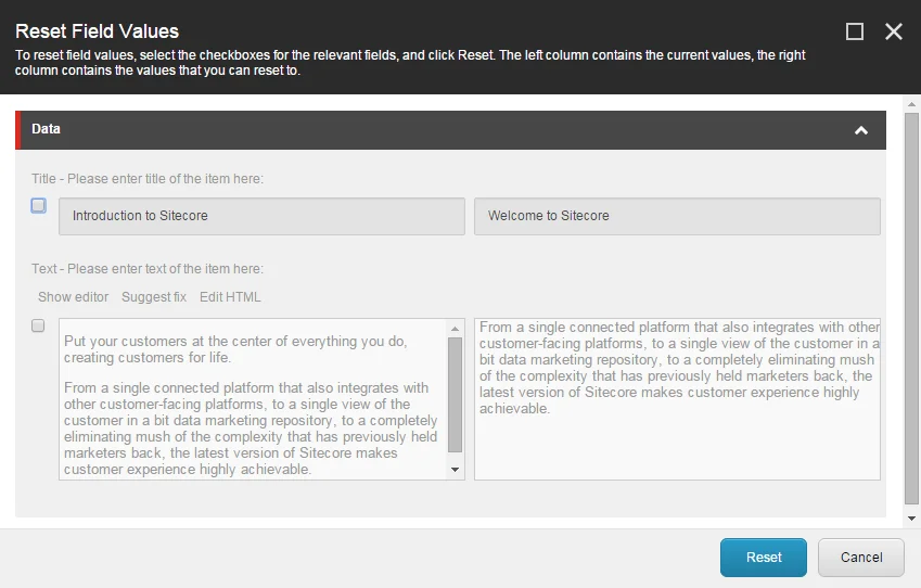 The Reset Field Values dialog box