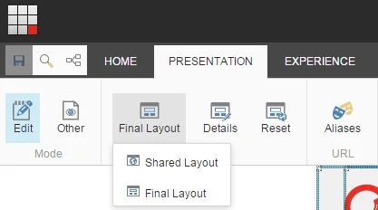 The Layout group on the Presentation tab of the Experience Editor ribbon