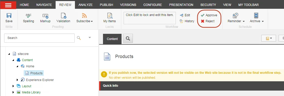 The Approve and Reject button on the Review tab