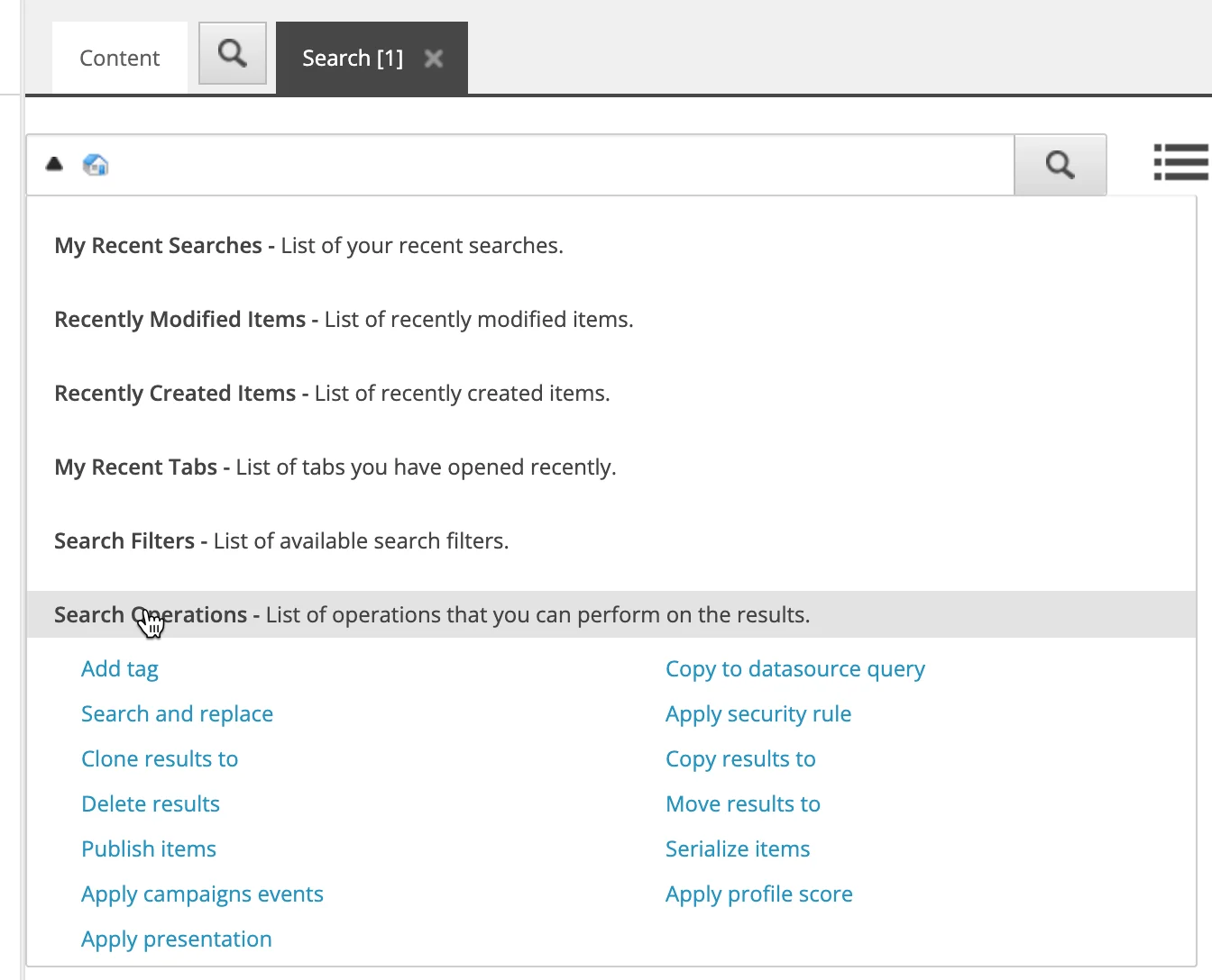 The Search Operations menu The Search Operations menu