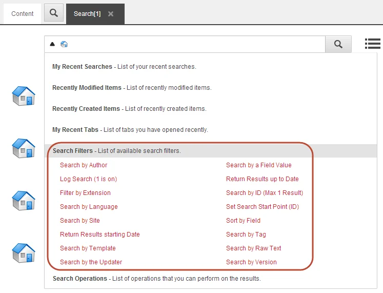 The Search tab with the list of search filters expanded. The Search tab with the list of search filters expanded.