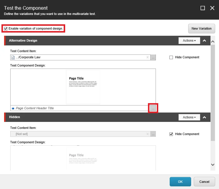 The Test the Component dialog box with design variation enabled