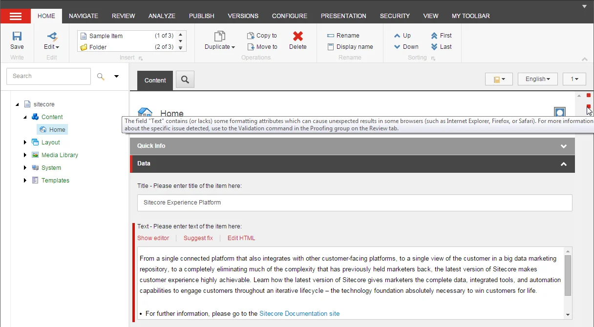 Validation errors in the Content Editor